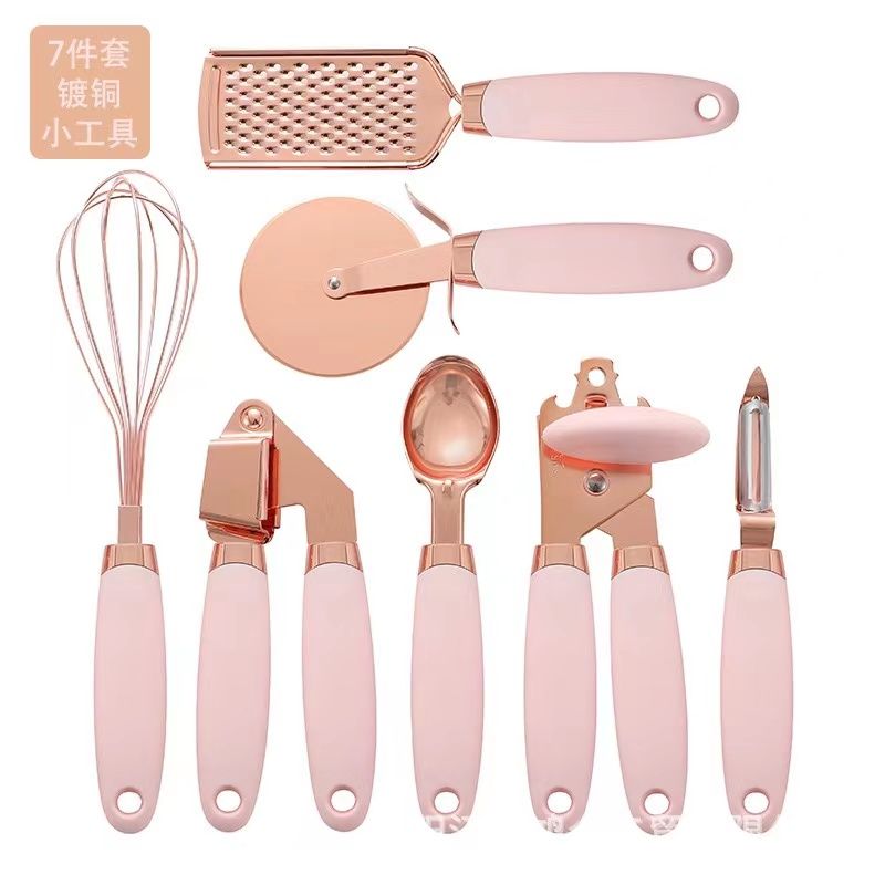 7 PCS High quality 7pcs Kitchen gadget set/copper plated serving spoons

Consist of whisk,grater,pizza cutter,garlicpress,can opener ,ice-cream scoop and peeler silicon