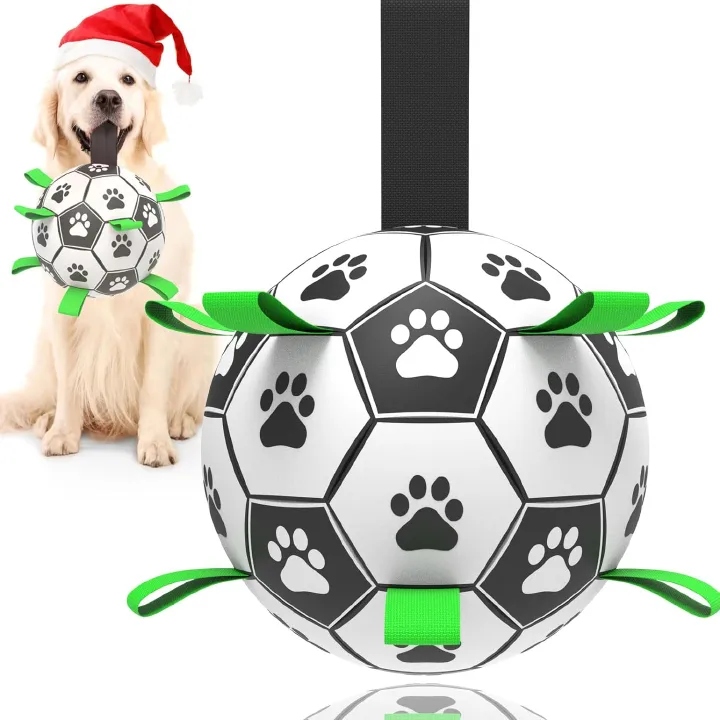 Dog Toys Soccer Ball with Straps, 15cm World Cup Interactive Dogs Toys for Tug of War, Yard Game, Water Toy, Herding Ball for Dogs Small & Medium, Puppy Birthday Gifts Outdoor Jolly Ball Boredom Buste