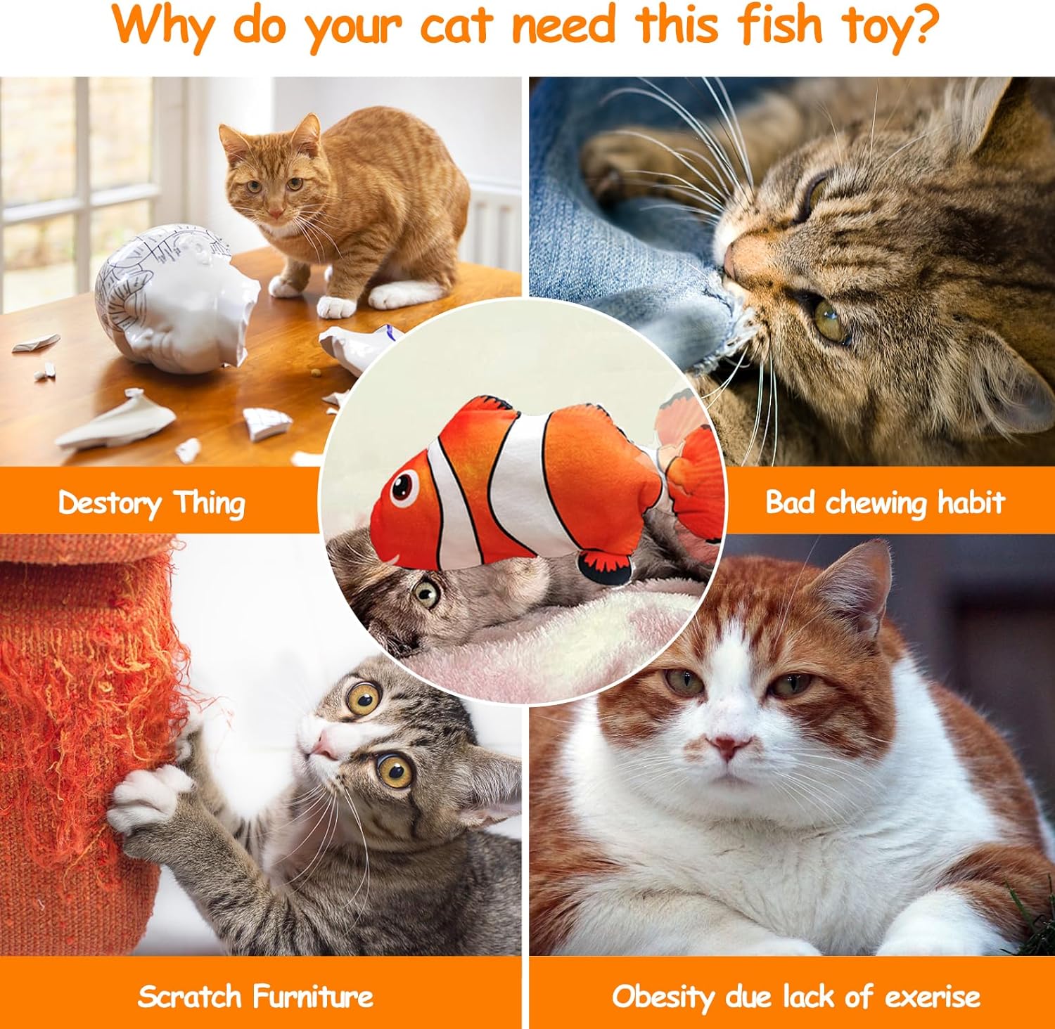 Electric Dog Cat Toy Floppy Fish USB Charged Moving Cat Kicker Fish Toy Moving Tail With Catnip Realistic Flopping Fish Pet Toy Plush Interactive Wiggle Fish Toy for Cats Small Dogs, Machine-Washable