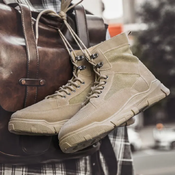 Men's Texture Comfortable Dry Outdoor Canvas Work Shoes Solid Color High Top Teenage Fashion Boots Ankle & Bootie