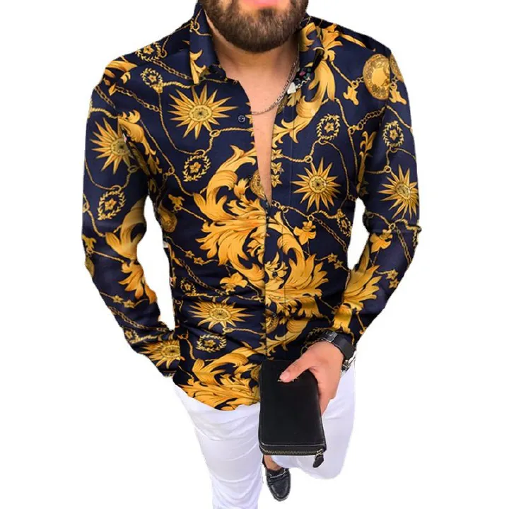 This Year's Fashion Fine Workmanship Youth Casual Lapel Floral Fashion Slim Long Sleeve Men's Shirts