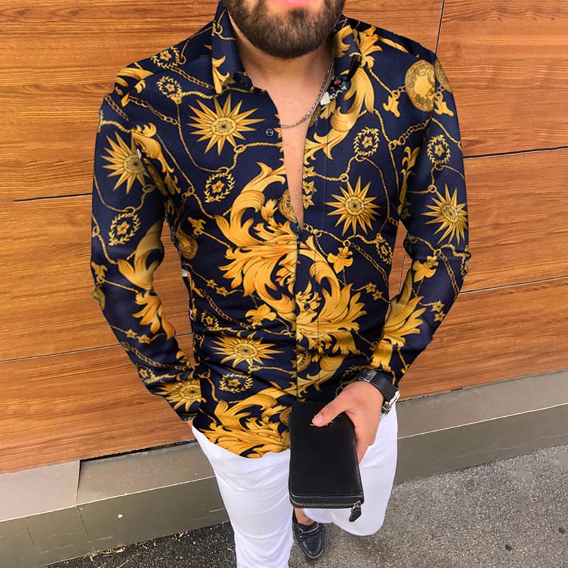 This Year's Fashion Fine Workmanship Youth Casual Lapel Floral Fashion Slim Long Sleeve Men's Shirts