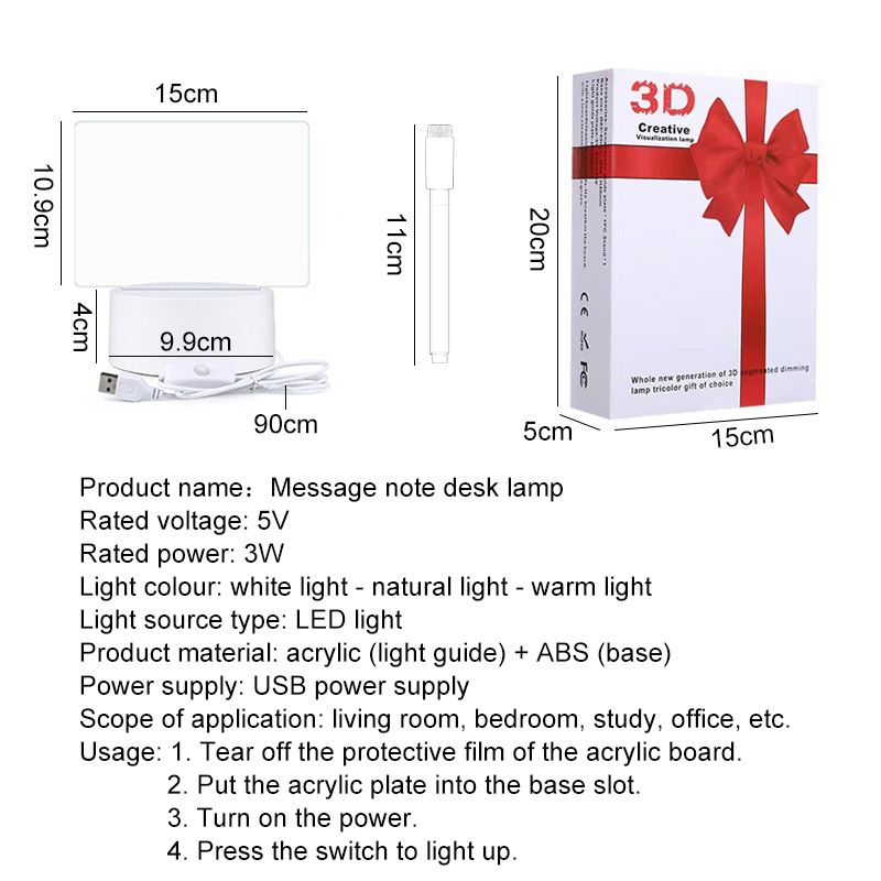 Creative diy message note desk lamp LED tri-colour light 3D night light can be scribbled and wiped USB power supply acrylic ambient light