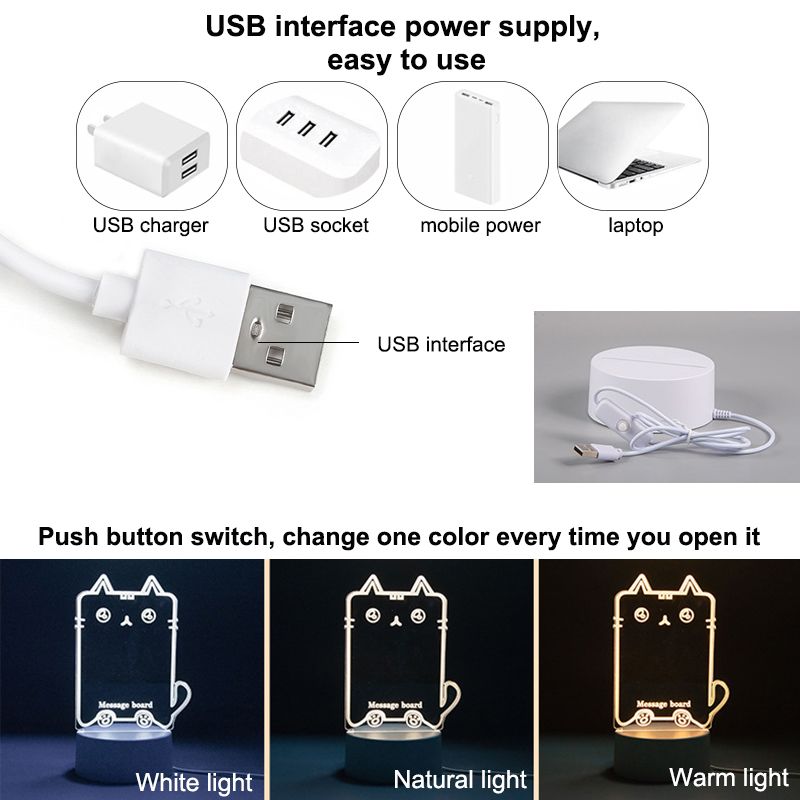 Creative diy message note desk lamp LED tri-colour light 3D night light can be scribbled and wiped USB power supply acrylic ambient light