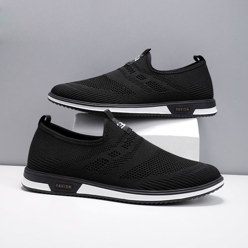 Men's Solid Color Slip-On Casual Mesh Flying Woven Breathable Wear-Resistant Low-Top Hollow Lazy Loafers