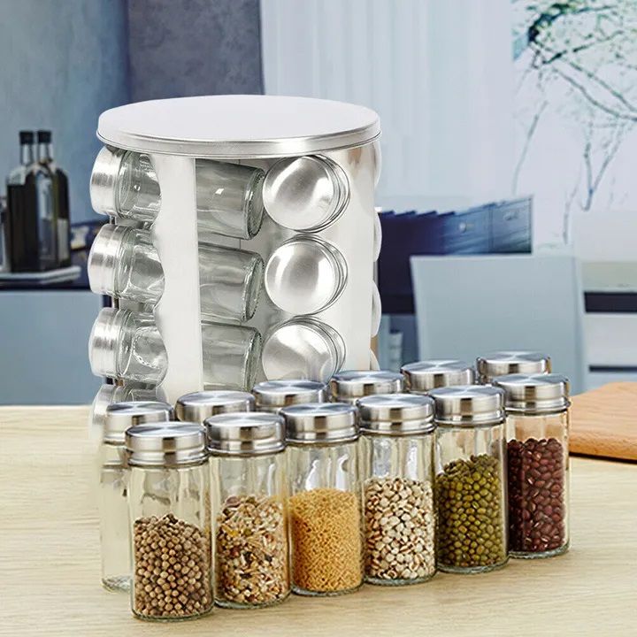 Rotating Spice Rack Organizer with 12 Jars - Revolving Standing Seasoning Tower with 12 Glass Bottles for Countertop Kitchen Cabinet, Stainless Steel, Silver