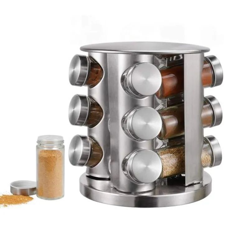 Rotating Spice Rack Organizer with 12 Jars - Revolving Standing Seasoning Tower with 12 Glass Bottles for Countertop Kitchen Cabinet, Stainless Steel, Silver