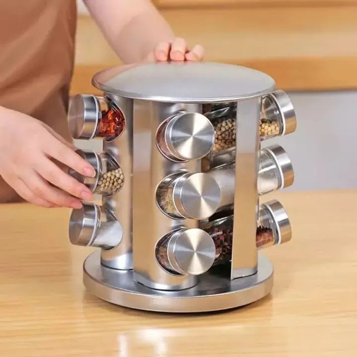 Rotating Spice Rack Organizer with 12 Jars - Revolving Standing Seasoning Tower with 12 Glass Bottles for Countertop Kitchen Cabinet, Stainless Steel, Silver