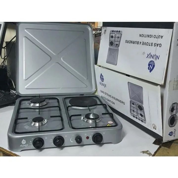 Nunix LT04-02 - 3 Gas Burner + 1 electric Table Top Cooker Silver 3 + 1 Nunix 3 + FREE Gas Pipe and Regulator