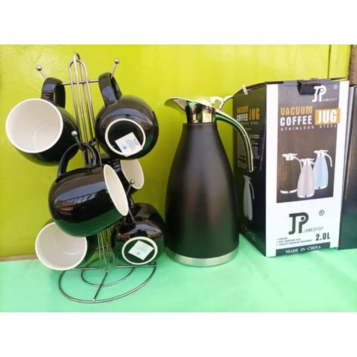 Jamespot 6pc Mug Black And Flask Set kitchen and dinning accessesories . High quality set Easy to clean Non chemical leaching or metallic taste