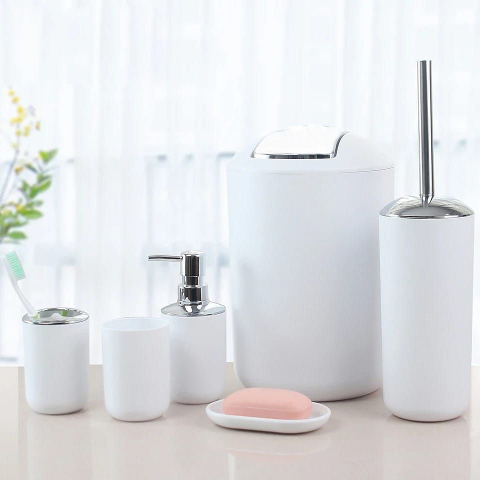6Pcs Bathroom Accessories Set Bath Ensemble Soap Dish Trash Can Toilet Brush Tumbler Cup Necessities Kit Bathroom Accessories