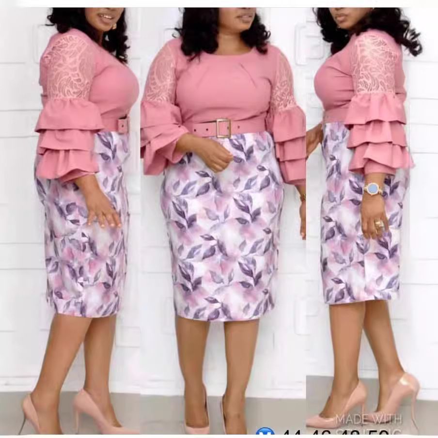 Large size L-2XL African costume mother dress Lace cake sleeve print dress lady office work tight MIDI dress