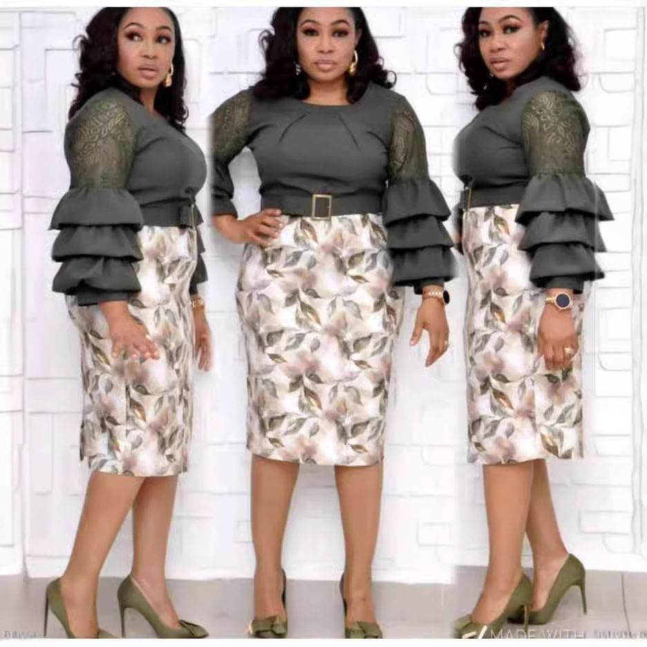 Large size L-2XL African costume mother dress Lace cake sleeve print dress lady office work tight MIDI dress
