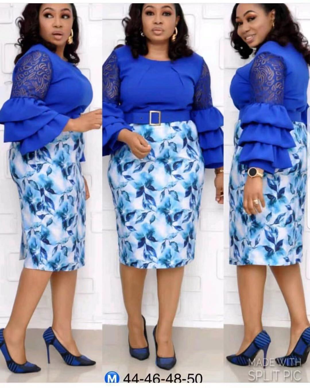 Large size L-2XL African costume mother dress Lace cake sleeve print dress lady office work tight MIDI dress
