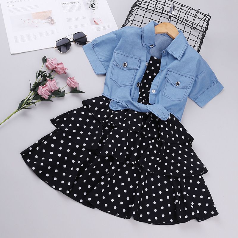 2Pcs Kids Dresses for Girls Elegant Sling Princess Dress Blue Denim Jacket 3-11 Years Girl Flower Dress Summer Children Clothes