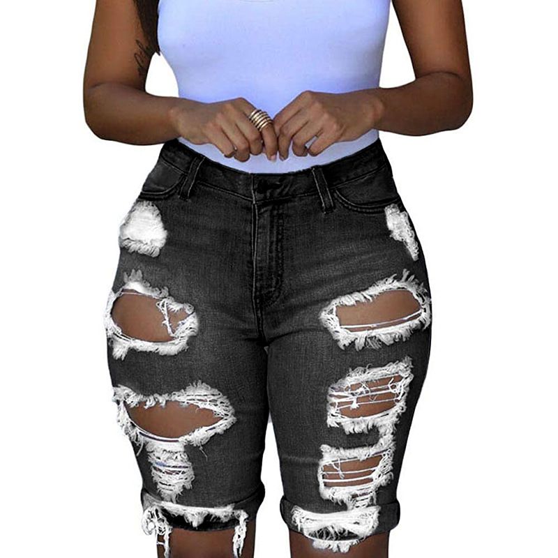Casual Women Elastic Destroyed Hole High Waist Leggings Short Pant Sexy Streetwear Denim Shorts Ripped Jeans