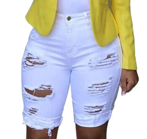 Casual Women Elastic Destroyed Hole High Waist Leggings Short Pant Sexy Streetwear Denim Shorts Ripped Jeans
