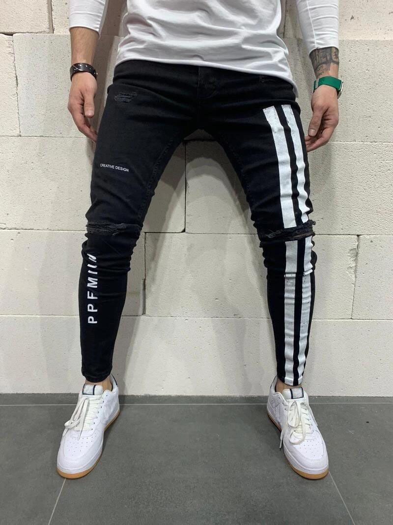 Men Jeans Knee Hole Ripped Stretch Skinny Denim Pants Solid Color Black Blue Autumn Summer Hip-Hop Style Slim Fit Trousers S-3XL