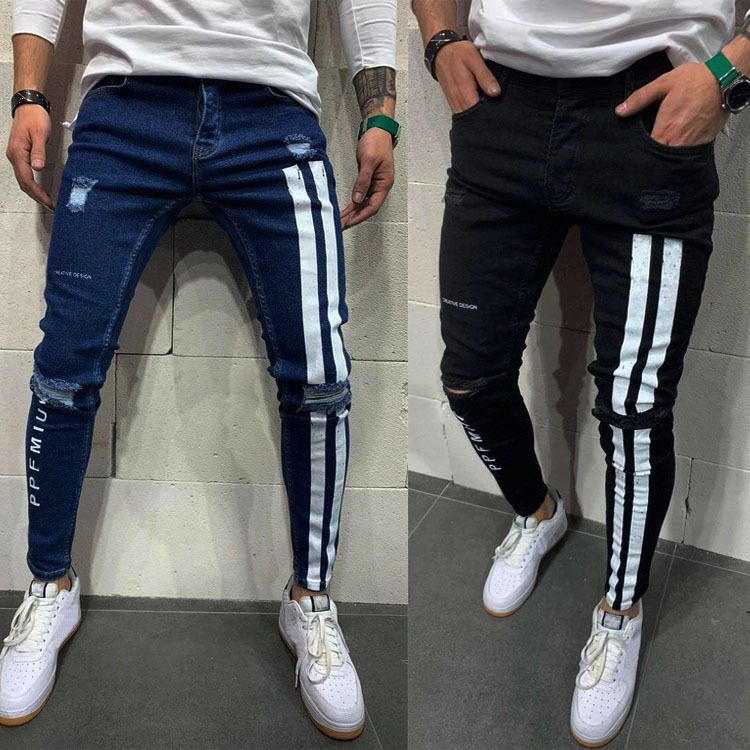 Men Jeans Knee Hole Ripped Stretch Skinny Denim Pants Solid Color Black Blue Autumn Summer Hip-Hop Style Slim Fit Trousers S-3XL