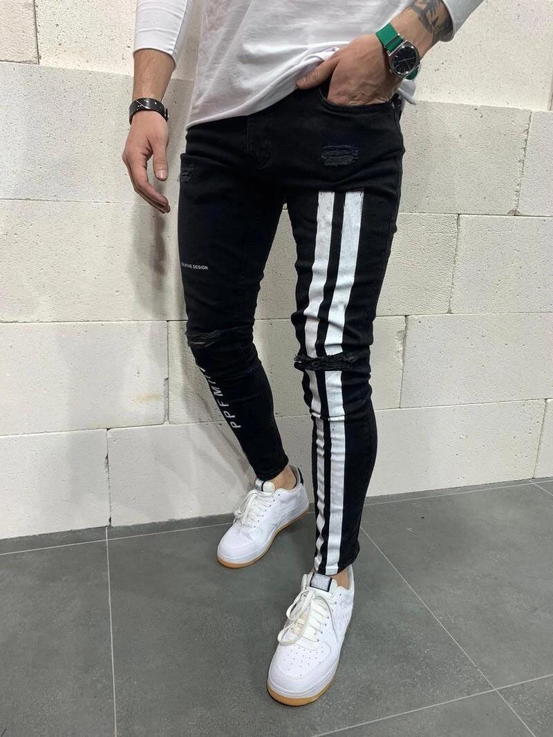 Men Jeans Knee Hole Ripped Stretch Skinny Denim Pants Solid Color Black Blue Autumn Summer Hip-Hop Style Slim Fit Trousers S-3XL