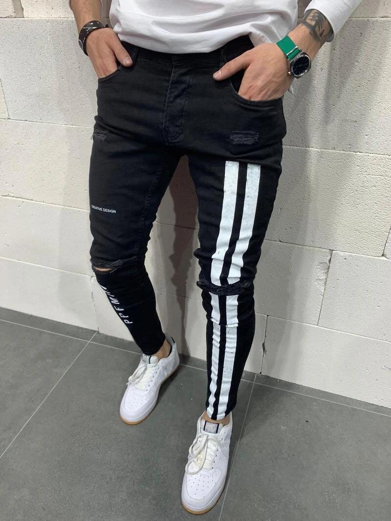 Men Jeans Knee Hole Ripped Stretch Skinny Denim Pants Solid Color Black Blue Autumn Summer Hip-Hop Style Slim Fit Trousers S-3XL