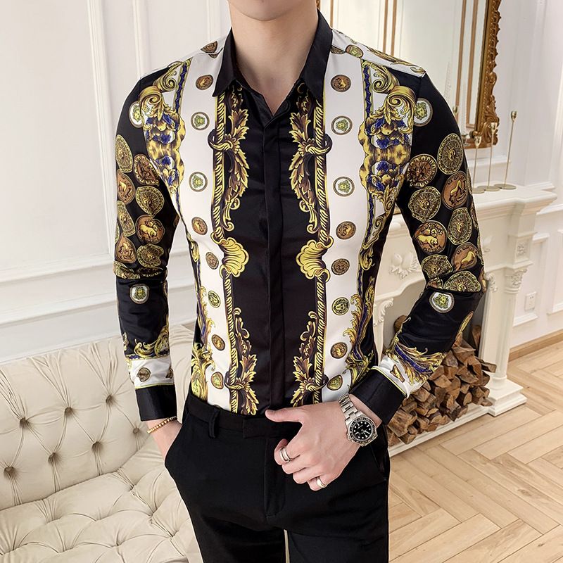 Autumn Men's Printed Long Sleeve Shirt New Fashion Hawaii Slim Fit Shirts Casual Party Night Club Shirts Men