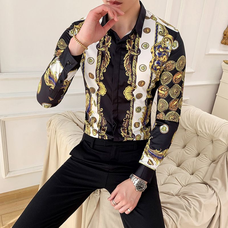 Autumn Men's Printed Long Sleeve Shirt New Fashion Hawaii Slim Fit Shirts Casual Party Night Club Shirts Men