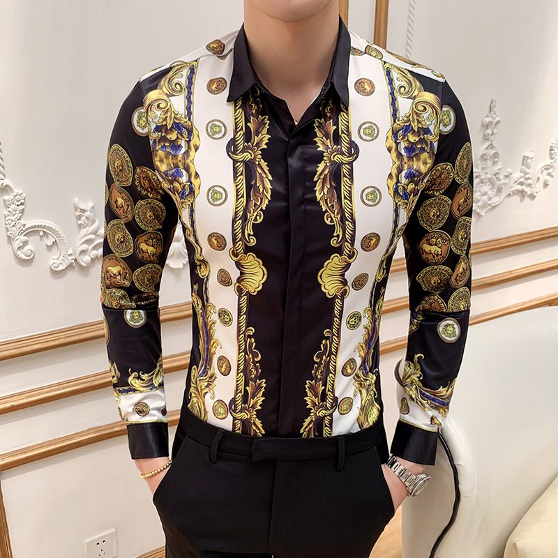 Autumn Men's Printed Long Sleeve Shirt New Fashion Hawaii Slim Fit Shirts Casual Party Night Club Shirts Men