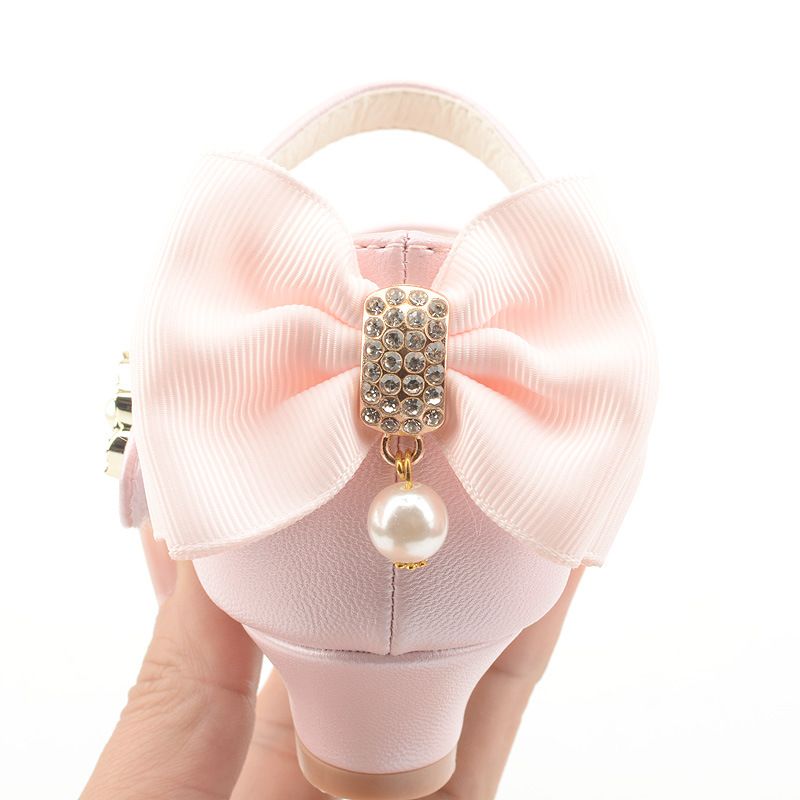 Children Party Leather Shoes Girls PU Low Heel Lace bowtie Kids Shoes For Girls Single Shoes Dance Dress shoe White Pink black