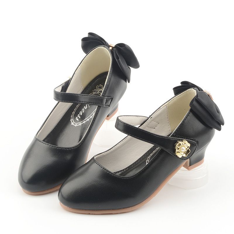 Children Party Leather Shoes Girls PU Low Heel Lace bowtie Kids Shoes For Girls Single Shoes Dance Dress shoe White Pink black