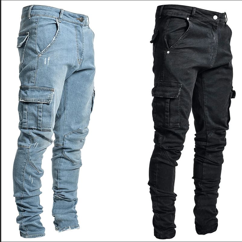 Jeans Men Pants Wash Solid Color Multi Pockets Denim Mid Waist Cargo Jeans Plus Size Fahsion Casual Trousers Male Daily Wear