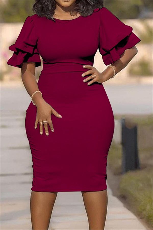 XL-5XL Dress Women O-Neck lanterm Sleeve Slim Night Solid Party short dress Oversized