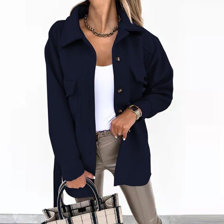 Autumn & Winter Women's Lapel Single Breasted Thicken Solid Shirt Woolen Loose Coat Commuting Woman Fashion Long Sleeved Jacket
