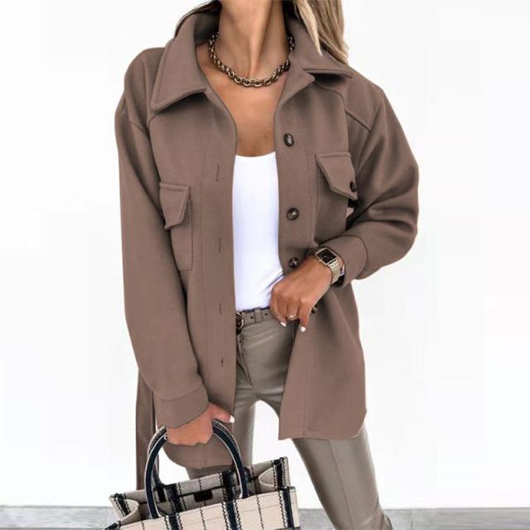 Autumn & Winter Women's Lapel Single Breasted Thicken Solid Shirt Woolen Loose Coat Commuting Woman Fashion Long Sleeved Jacket