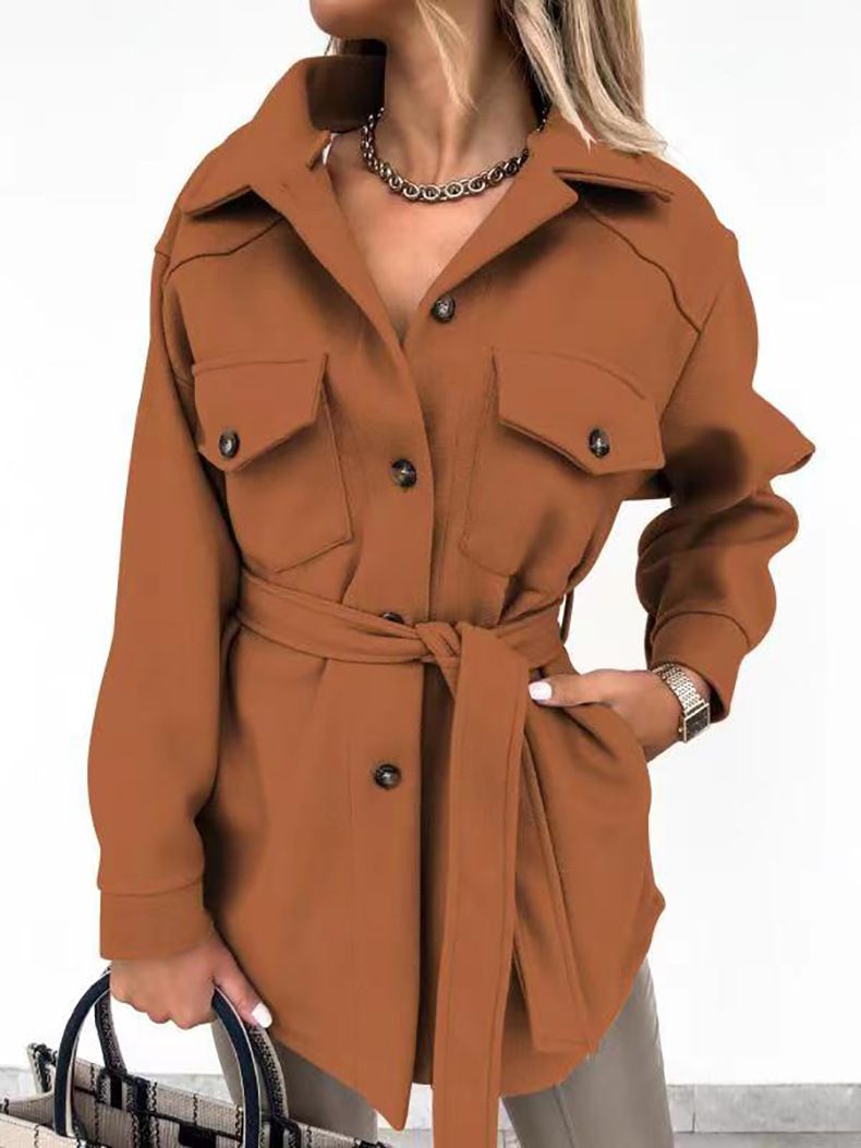 Autumn & Winter Women's Lapel Single Breasted Thicken Solid Shirt Woolen Loose Coat Commuting Woman Fashion Long Sleeved Jacket