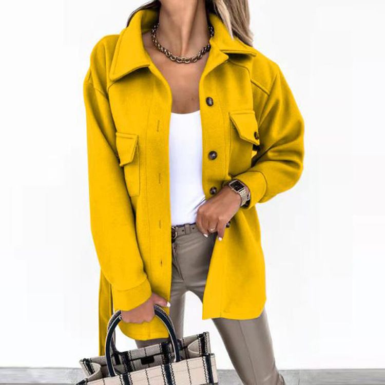Autumn & Winter Women's Lapel Single Breasted Thicken Solid Shirt Woolen Loose Coat Commuting Woman Fashion Long Sleeved Jacket