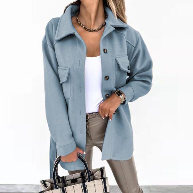 Autumn & Winter Women's Lapel Single Breasted Thicken Solid Shirt Woolen Loose Coat Commuting Woman Fashion Long Sleeved Jacket