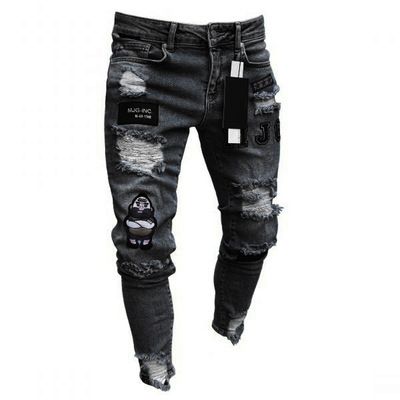 White Embroidery Skinny Ripped Jeans Men Cotton Stretchy Hole Slim Fit Hip Hop Denim Pants Casual Jeans for Men Jogging Trousers
