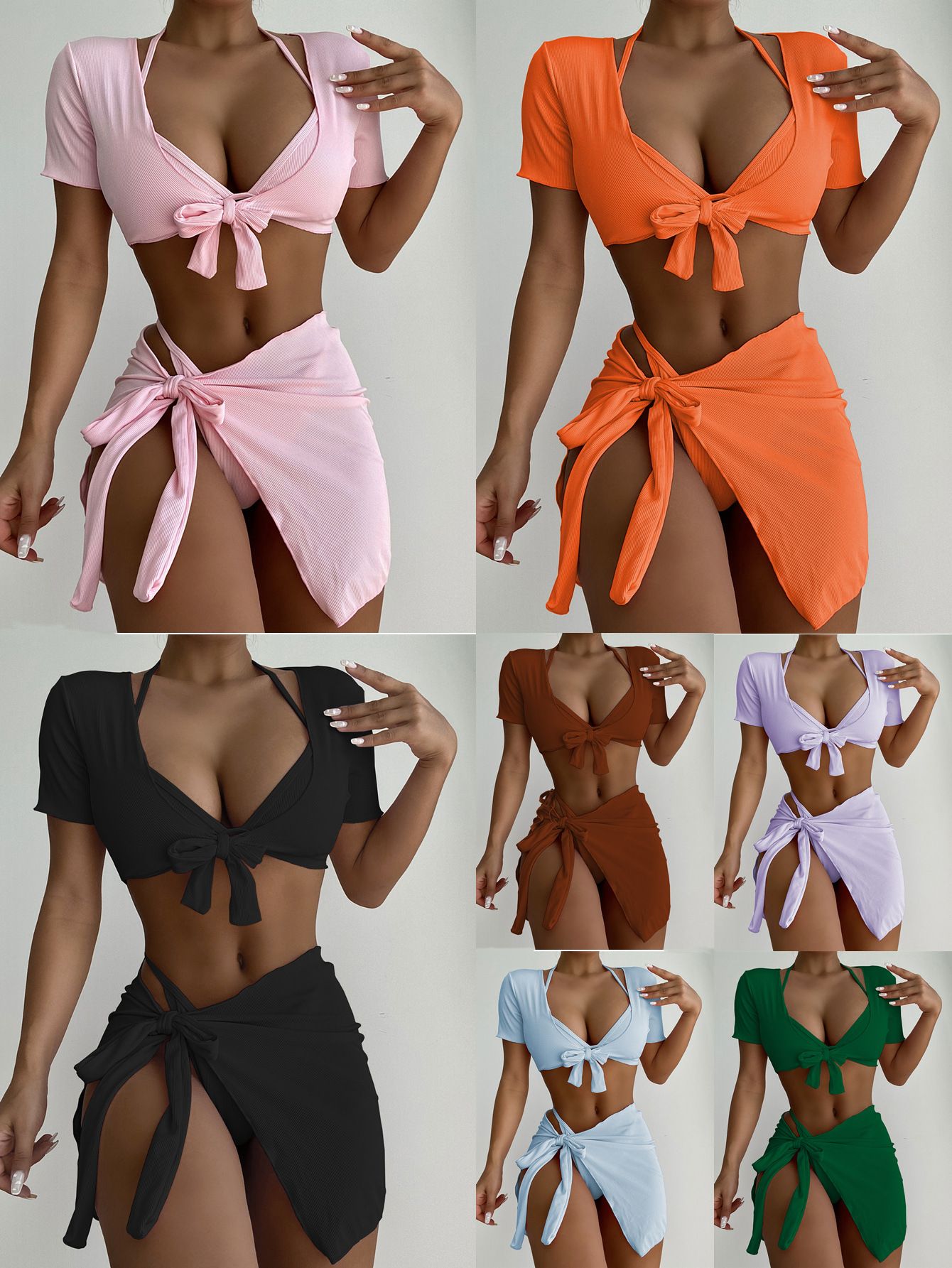 4PCS/Set Swimwear Women Sexy High Waist Neck Bikini Set Swimsuit Short Tied Sleeve Bathing Suit Swim Wear