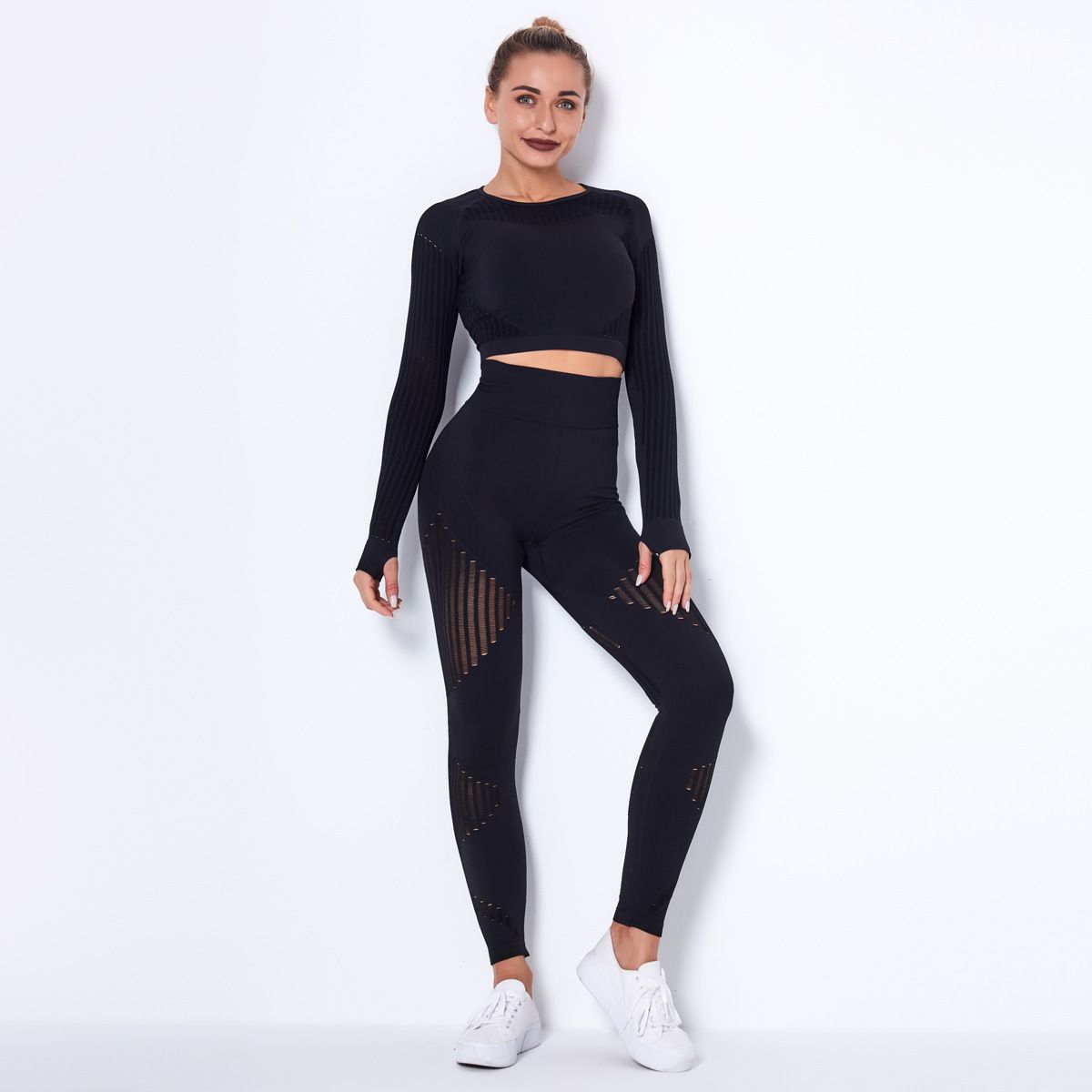 Hollow Out Seamless Yoga Set Sport Outfits Women Black Two 2 Piece Crop Top Bra Leggings Workout Gym suit Fitness Sport Sets