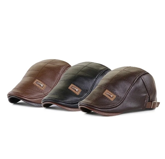 Spring Summer Men Fashion Retro PU Leather Beret Hats Leather Beret Hat Middle-aged Men's Visor Warm Flat Peaked Cap Adjustable