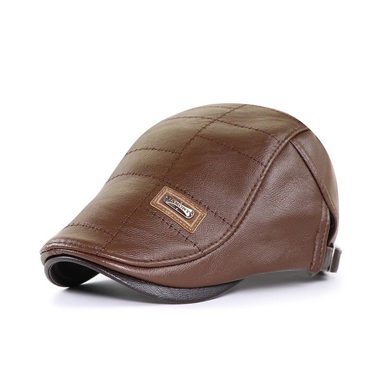 Spring Summer Men Fashion Retro PU Leather Beret Hats Leather Beret Hat Middle-aged Men's Visor Warm Flat Peaked Cap Adjustable