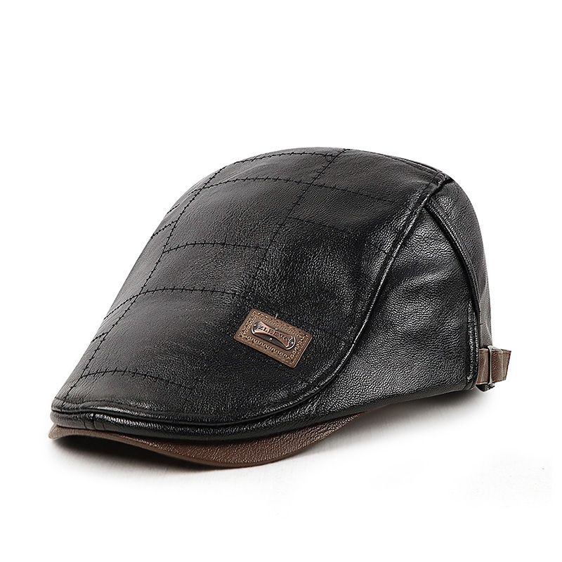 Spring Summer Men Fashion Retro PU Leather Beret Hats Leather Beret Hat Middle-aged Men's Visor Warm Flat Peaked Cap Adjustable