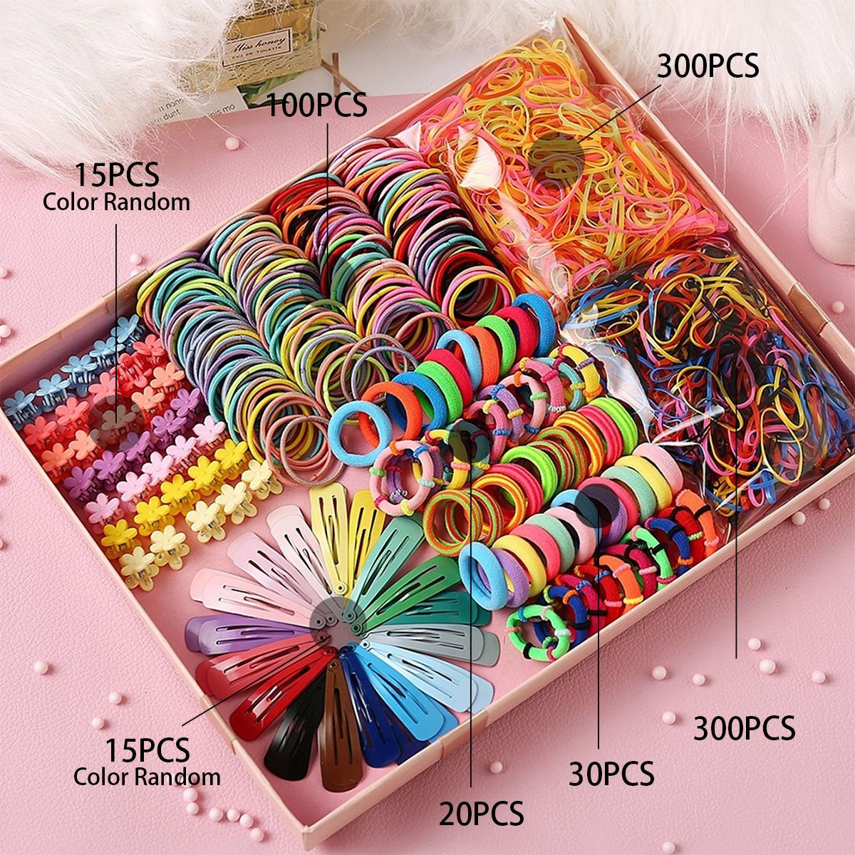 780pcs A Bag Of Multipurpose Children Lovely Colorful Flower Clip Bb Clip Bamboo Knots Disposable Hair Ring Leather Band Hair