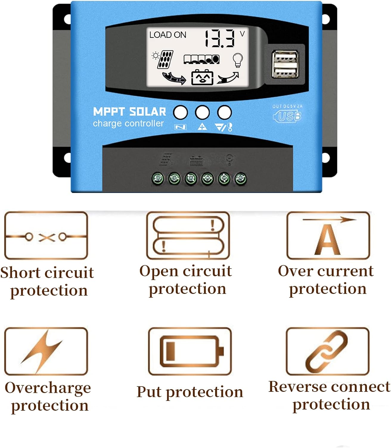 30A/60A MPPT Solar Charge Controller 12V/24V Auto Focus Tracking Solar Panel Regulator with LCD Display Dual USB Port Charge Controller Multiple Load Control Modes