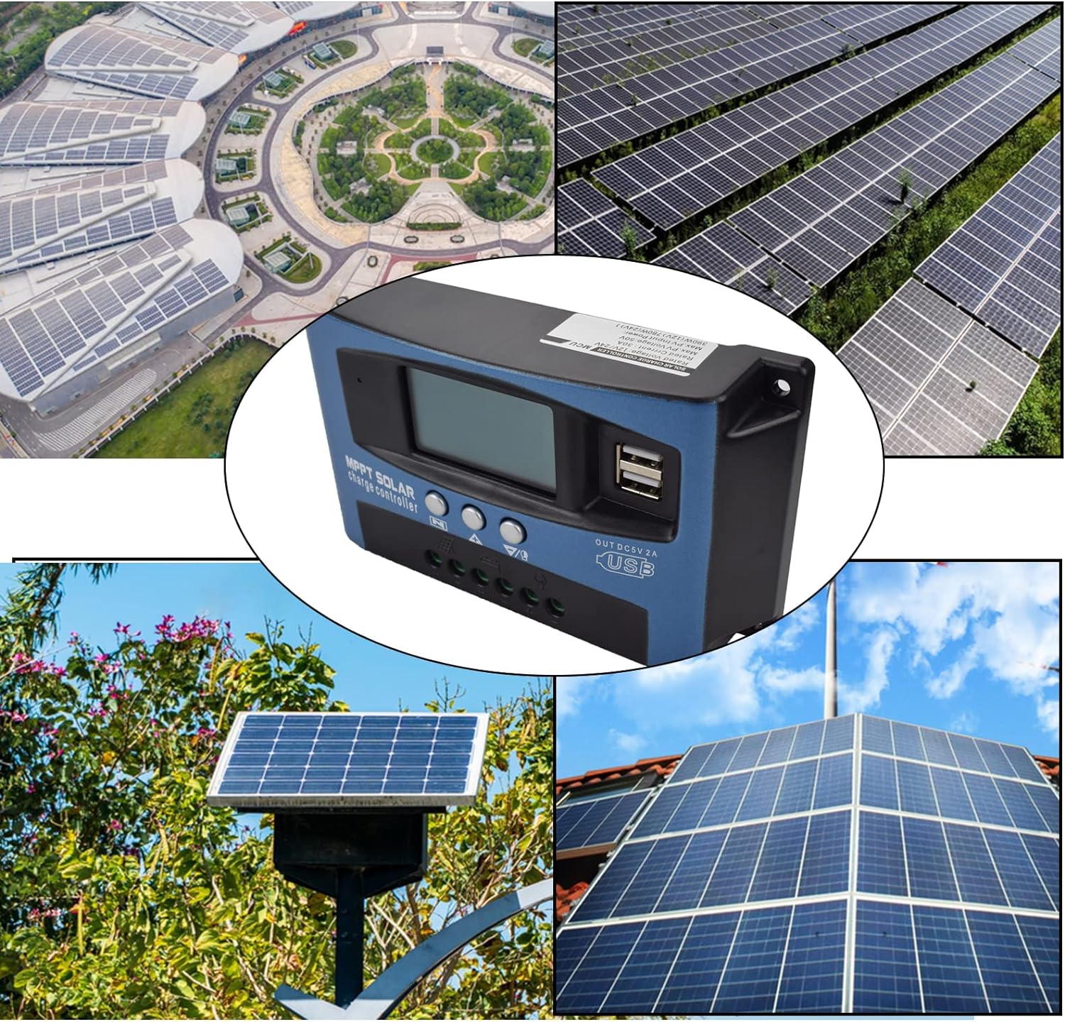 30A/60A MPPT Solar Charge Controller 12V/24V Auto Focus Tracking Solar Panel Regulator with LCD Display Dual USB Port Charge Controller Multiple Load Control Modes