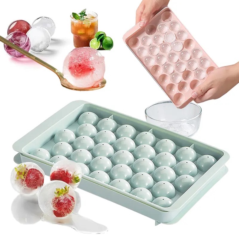 3D Round Ice Cube Tray with Lid Plastic Diamond Style Ice Mold Refrigerator Spherical DIY Moulds Ice Ball Maker Kitchen Tools