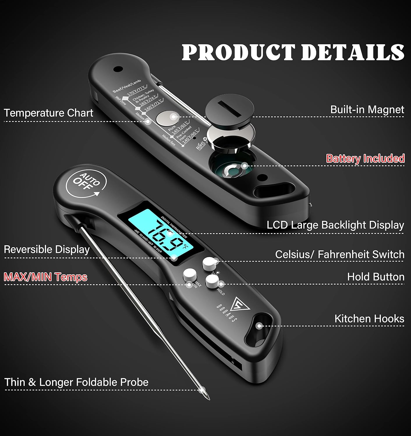 Meat Thermometers, DOQAUS Instant Read Food Thermometers for Cooking, Digital Kitchen Thermometer Probe with Backlight & Reversible Display, Cooking Temperature Thermometers for Turkey Grill BBQ Oven