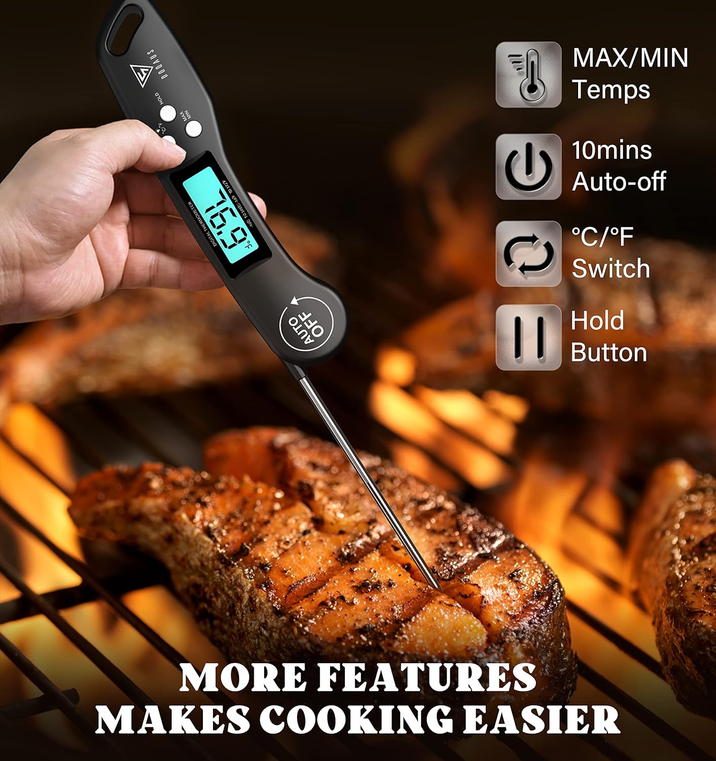 Meat Thermometers, DOQAUS Instant Read Food Thermometers for Cooking, Digital Kitchen Thermometer Probe with Backlight & Reversible Display, Cooking Temperature Thermometers for Turkey Grill BBQ Oven