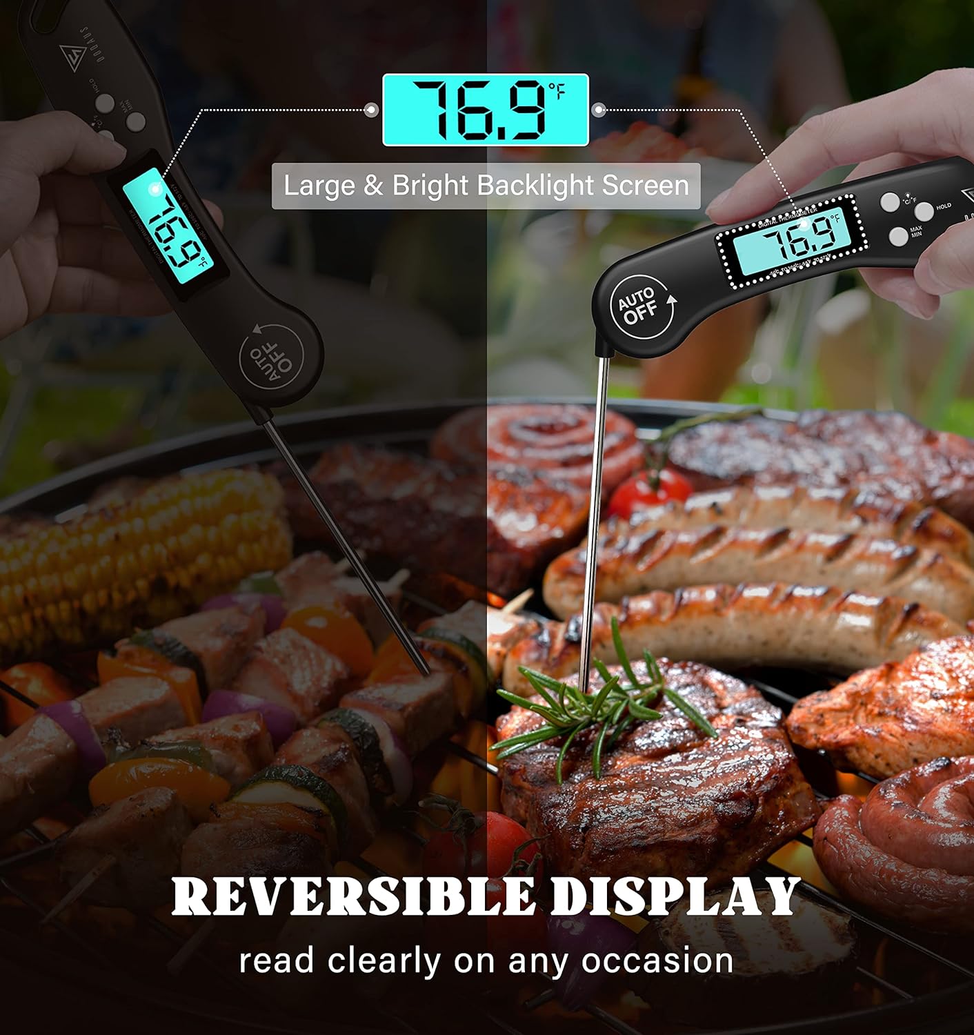 Meat Thermometers, DOQAUS Instant Read Food Thermometers for Cooking, Digital Kitchen Thermometer Probe with Backlight & Reversible Display, Cooking Temperature Thermometers for Turkey Grill BBQ Oven
